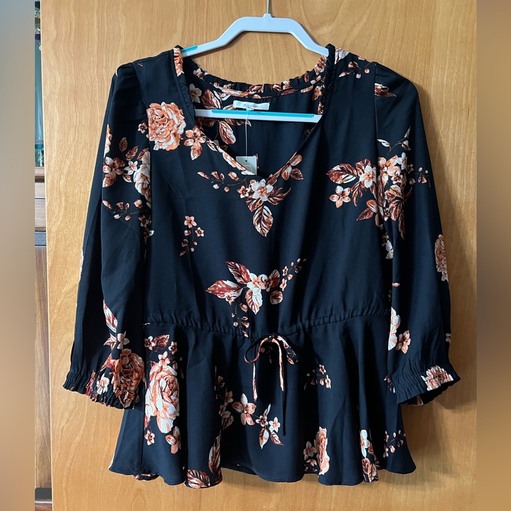 Maurice’s Blue Floral Cinched Waist Ruffle Neck Peasant Top